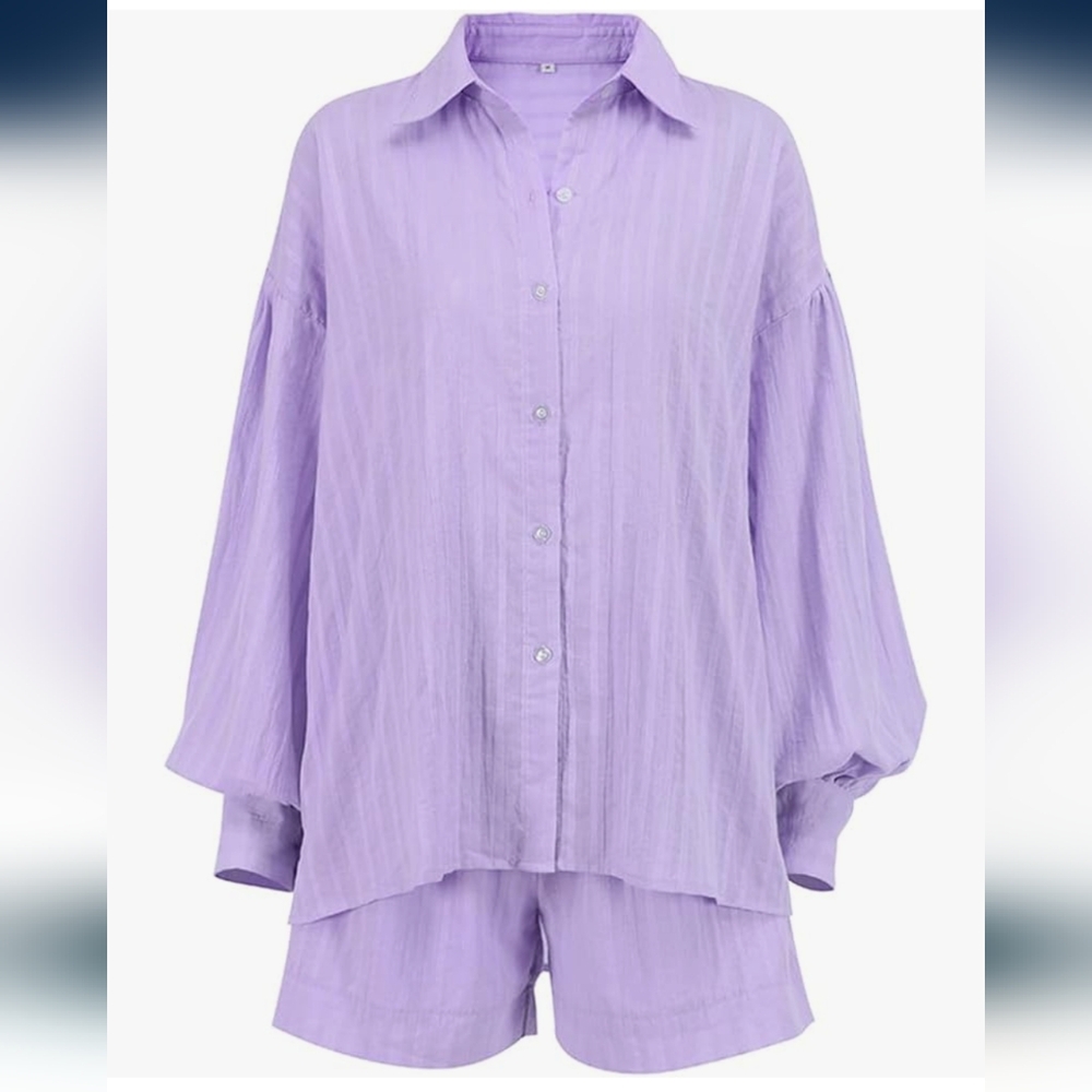 Lavender Button-Up Shirt and Shorts Set